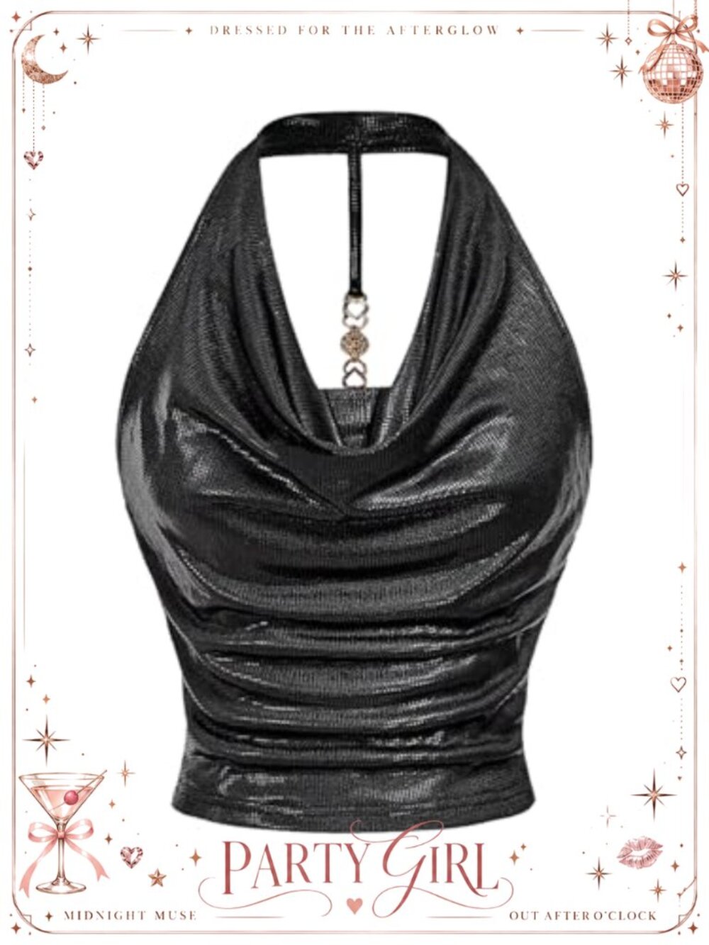 Metallic Halter Crop Top Ruched Backless Cowl Neck Party Club Y2K
